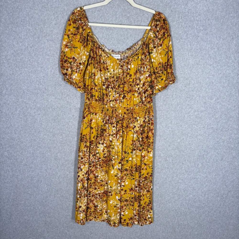 Milkmaid Smocked Floral Midi Dress XL Yellow Puff Sleeve Scoop Neck Cottage